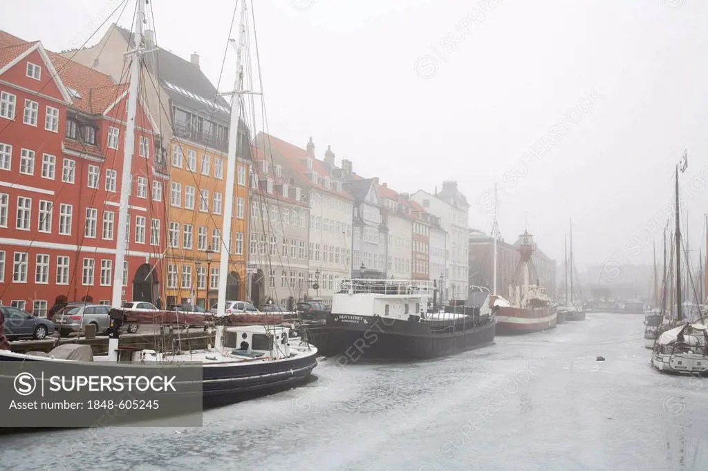 Nyhavn in winter, port of Copenhagen, Denmark, Europe