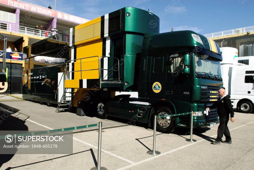 Service truck of the Team Lotus Formula 1 team in the paddock at the Circuit Ricardo Tormo near Valencia, Spain, Europe