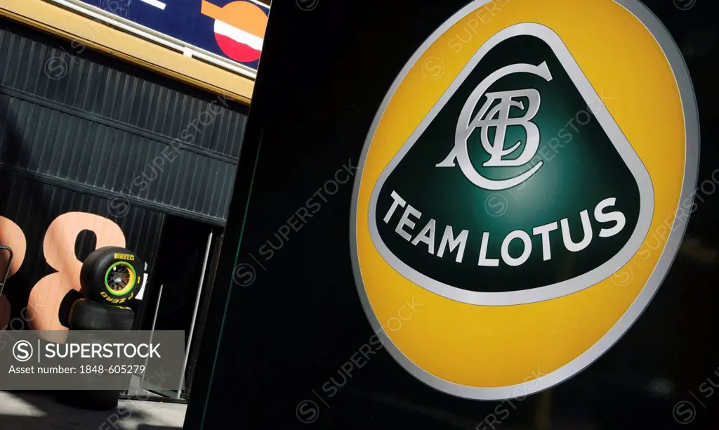 Team logo on the service truck of the Team Lotus Formula 1 team in the paddock at the Circuit Ricardo Tormo near Valencia, Spain, Europe