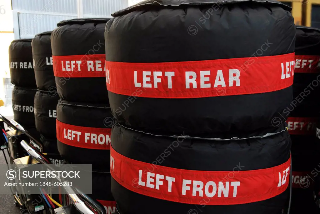 Stacks of Pirelli Formula 1 racing tyres packed in tyre warmers in the paddock at the Circuit Ricardo Tormo near Valencia, Spain, Europe