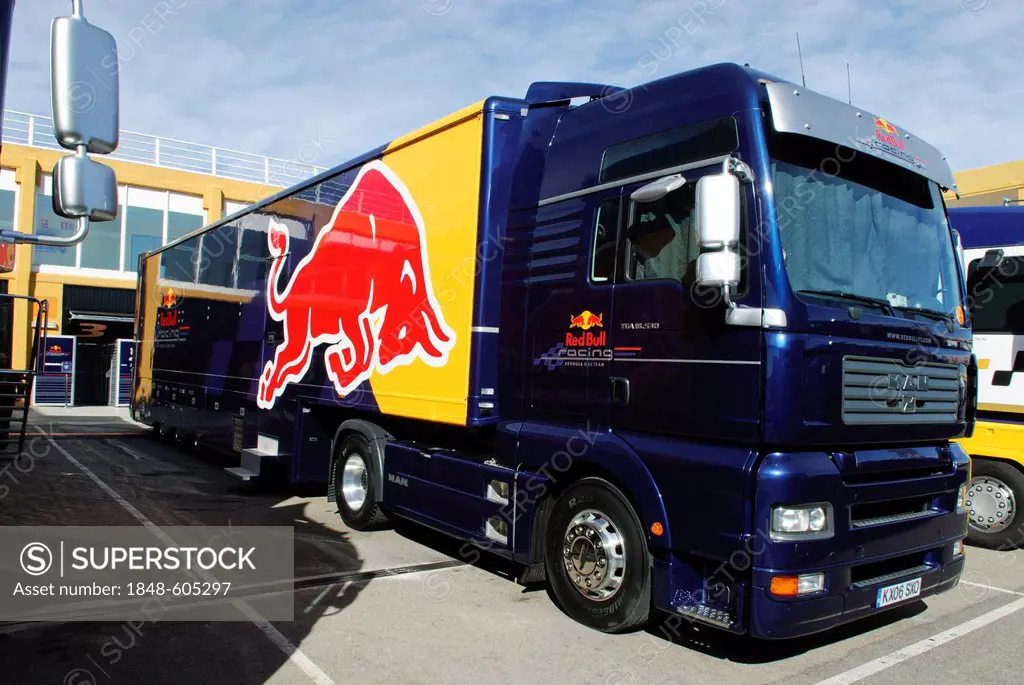 Red Bull Racing Formula 1 Team truck in the paddock at the Circuit Ricardo Tormo near Valencia, Spain, Europe
