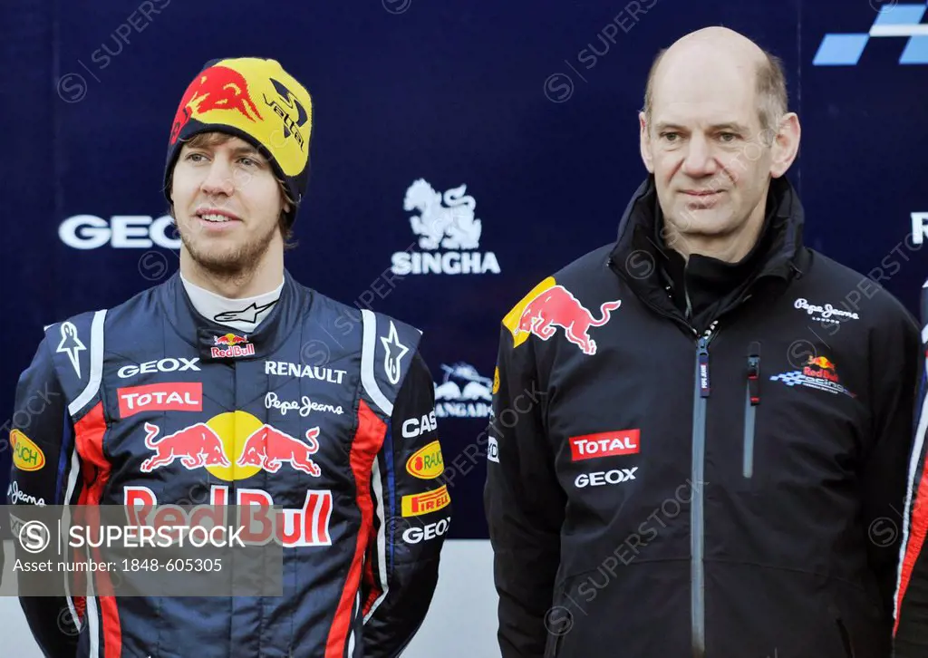 Sebastian Vettel and Red Bull chief engineer Adrian Newey, presentation of the Red Bull RB7 at the Circuit Ricardo Tormo in Valencia, Spain, Europe, E...