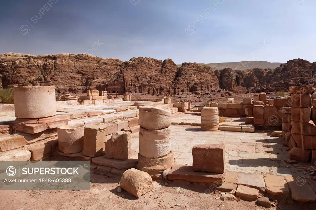 Valley of the Royal Tombs, Royal Wall, columns of the Temple of the Winged Lions, Petra, the capital city of the Nabataeans, rock city, UNESCO World H...