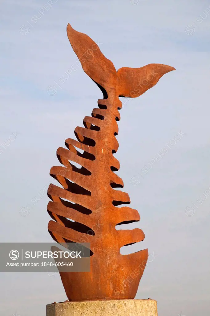 Fish skeleton sculpture at the port, Greetsiel, Krummhoern, East Frisia, Lower Saxony, North Sea, Germany, Europe