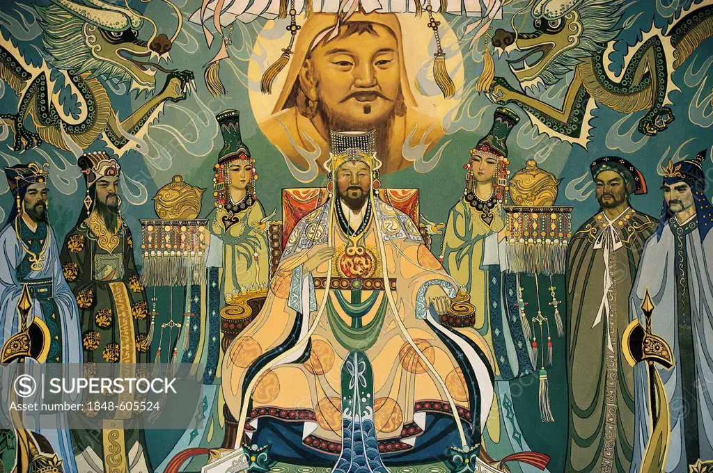Mural with Genghis Khan, Temujin, Great Khan of the Mongol Empire, and his court, Dongsheng, Inner Mongolia, China, Asia