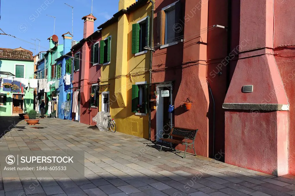 Colourful houses, chimneys are on the outside of the building because of a fire hazard, Burano Island, Venice, Italy, Southern Europe