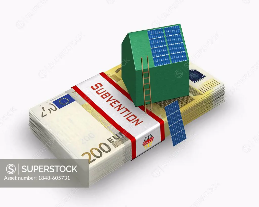House with solar panels, euro notes, subsidies, illustration, symbolic image for solar subsidies