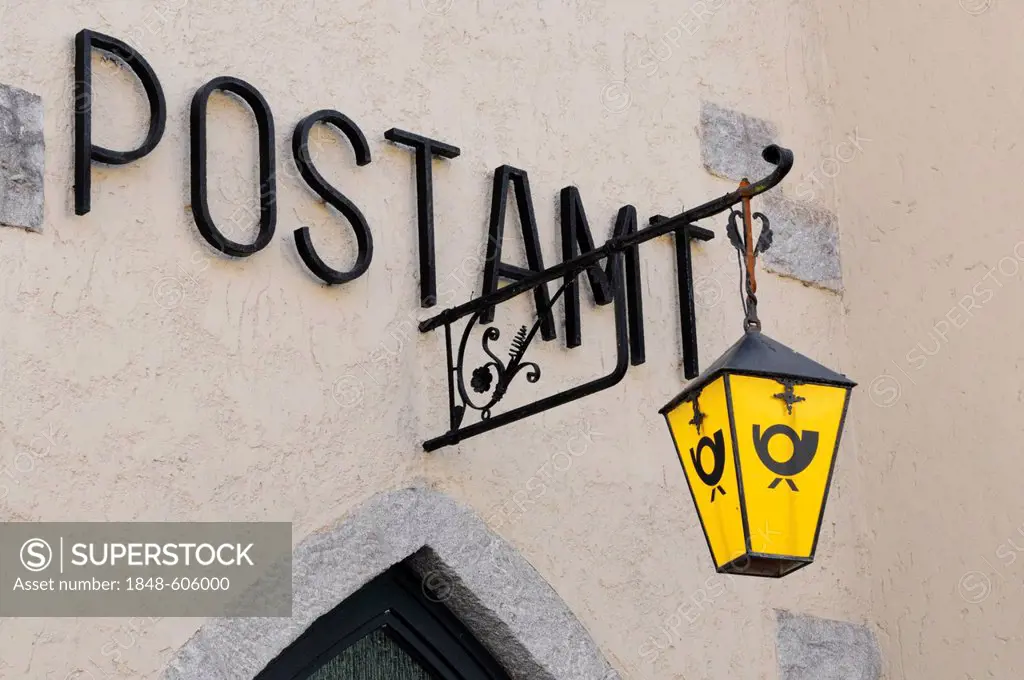 Lettering POSTAMT or post office, wrought-iron hanging lamp with glass insert