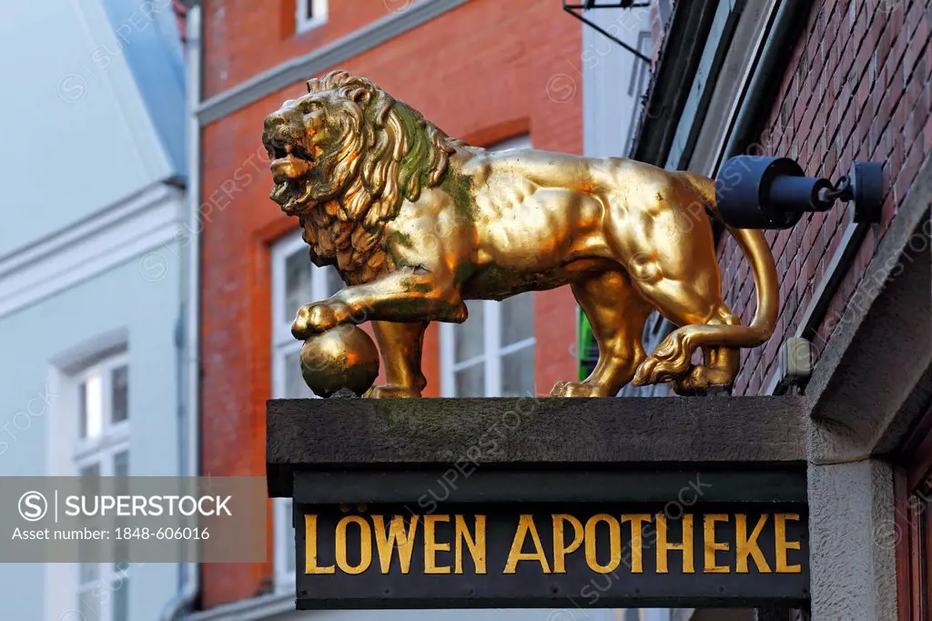 Golden Lion, Loewen Apotheke or lion pharmacy in the old town of Stade, Lower Saxony, Germany, Europe