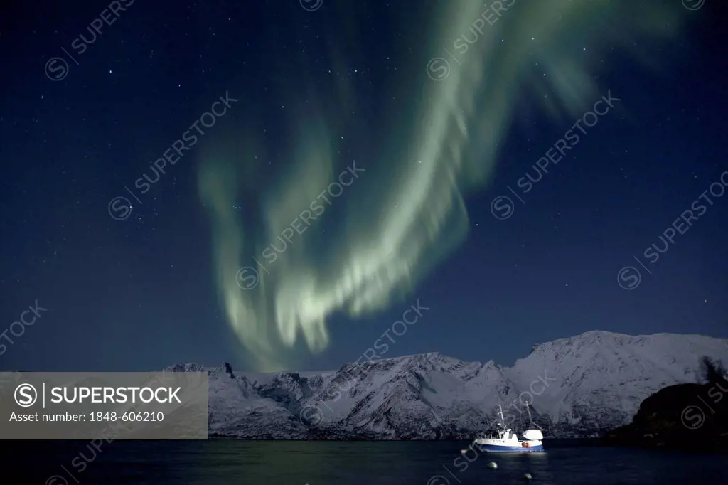 Polar lights (Aurora borealis), above the Oksfjorden, Fruvik, Oksfjord, Loppa, Finnmark, Norway, Europe