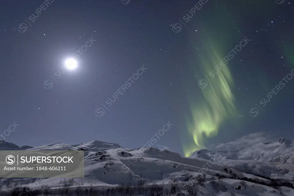 Polar lights (Aurora borealis), and the moon above Sildpollheia mountain near Sildpollneset, Austnesfjorden, Austvagoya, Lofoten, Norway, Europe