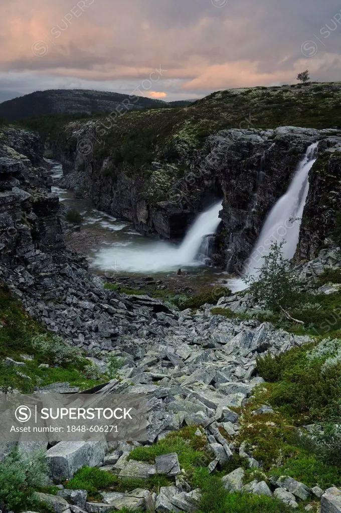 Storulfossen or Bruresløret, waterfall of the Store Ula River in Rondane National Park, Norway, Scandinavia, Europe