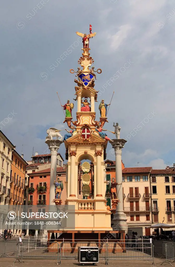 Rua, pyramidal tower, the tower is built every year in September on Piazza dei Signori square, Vicenza, Veneto region, Italy, Europe