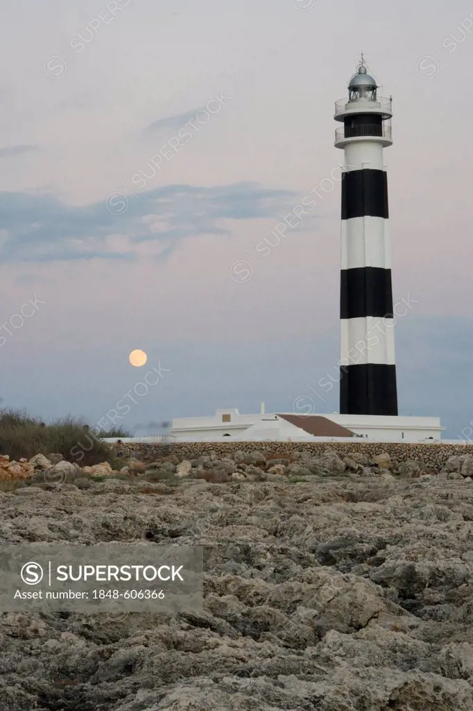 Lighthouse at cape Cap d'Artrutx in the evening light, Menorca, Minorca, Spain, Europe