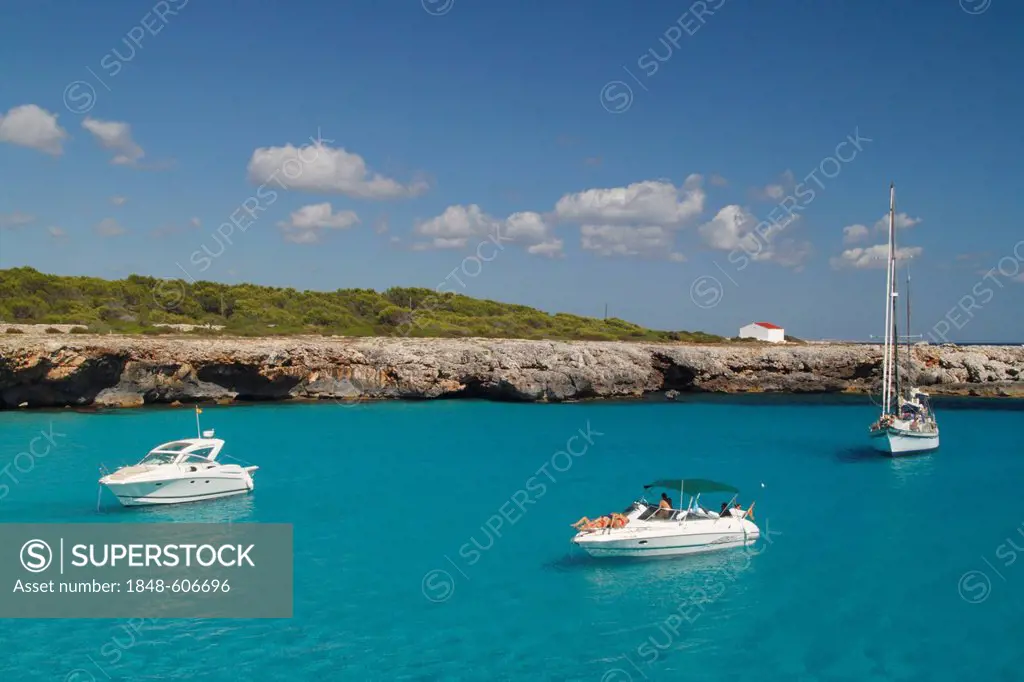 Bay with boats near Son Xoriguer, Menorca, Spain, Europe