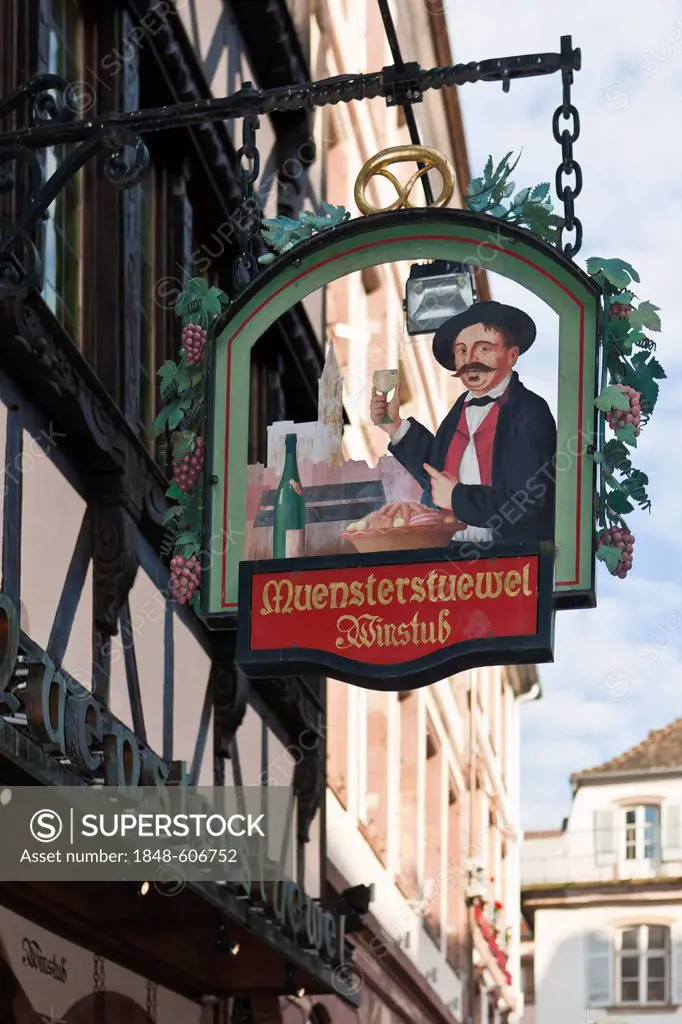Hanging sign, Muensterstuewel restaurant and wine bar, Strasbourg, Alsace, France, Europe