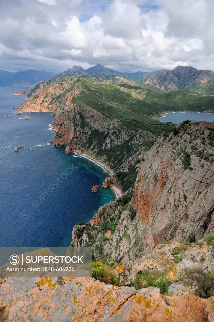 Coastal cliffs of Capu Rosso Peninsula on the west coast of Corsica, France, Europe