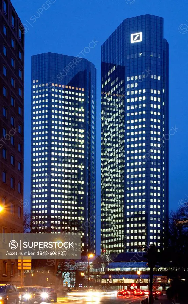 Headquarters of Deutsche Bank AG by night, Frankfurt am Main, Hesse, Germany, Europe