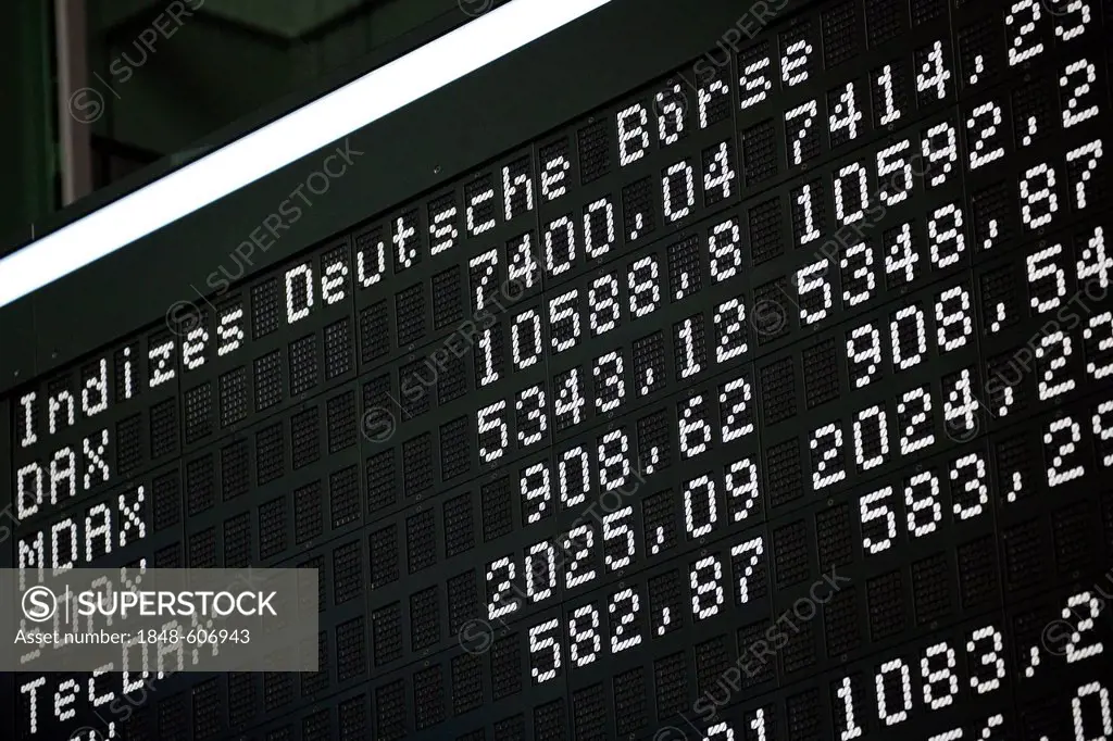 Course board of the DAX stock index on the trading floor of Frankfurt Stock Exchange, Deutsche Boerse AG, Frankfurt Stock Exchange, Frankfurt am Main,...