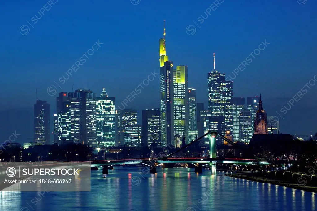 Skyline of Frankfurt am Main at night with the financial district in Frankfurt's Westend, Frankfurt am Main, Hesse, Germany, Europe