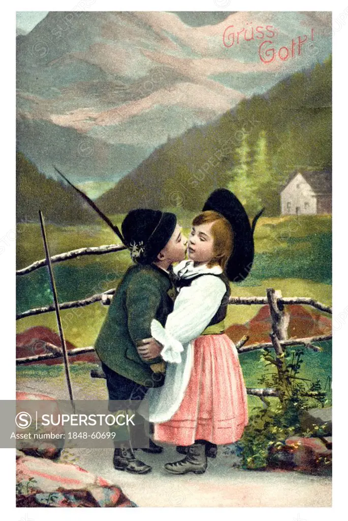 Historical Valentine's Day greetings card Gruess Gott, Bavarian children couple kissing