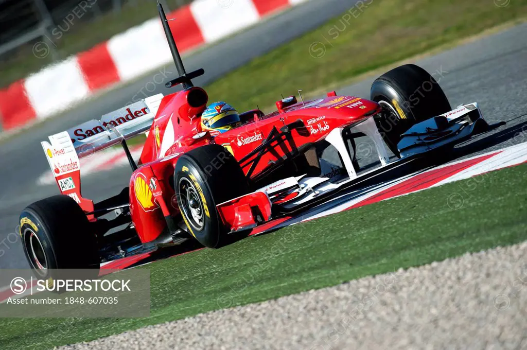 Fernando Alonso, Spain, in his Ferrari 150th Italia, Formula 1 testing at the Circuit de Catalunya race track in Barcelona, Spain, Europe