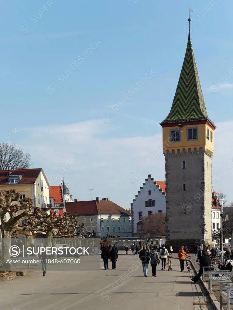 Mangenturm tower, one of the oldest lighthouses on Lake Constance, Lindau, Swabia, Bavaria, Germany, Europe