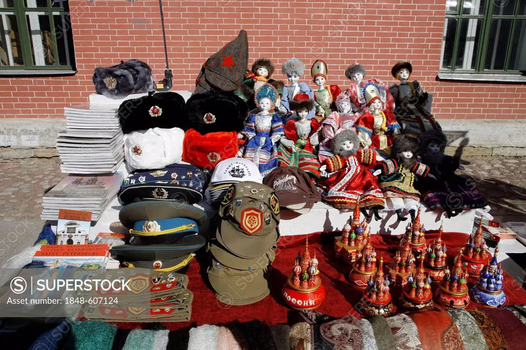 Souvenirs, soldiers hats and dolls, St. Petersburg, Russia