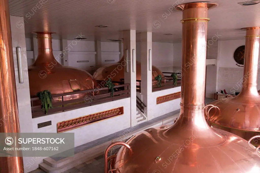 Copper boiler at the Budweiser brewery in Ceske Budejovice, Budweis, Budvar, Bohemia, Czech Republic, Europe
