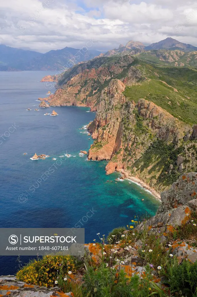 Coastal cliffs of Capu Rosso Peninsula on the west coast of Corsica, France, Europe