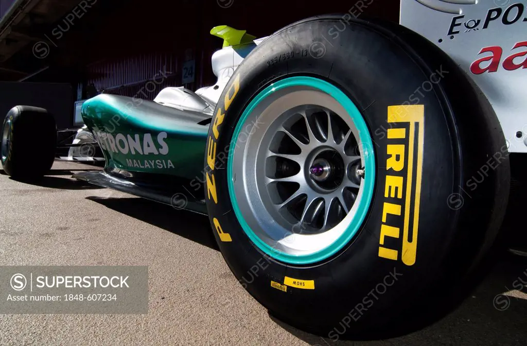 Pirelli tires on a Mercedes GP-Mercedes MGP W02, Formula 1 testing at the Circuit de Catalunya race track in Barcelona, Spain, Europe