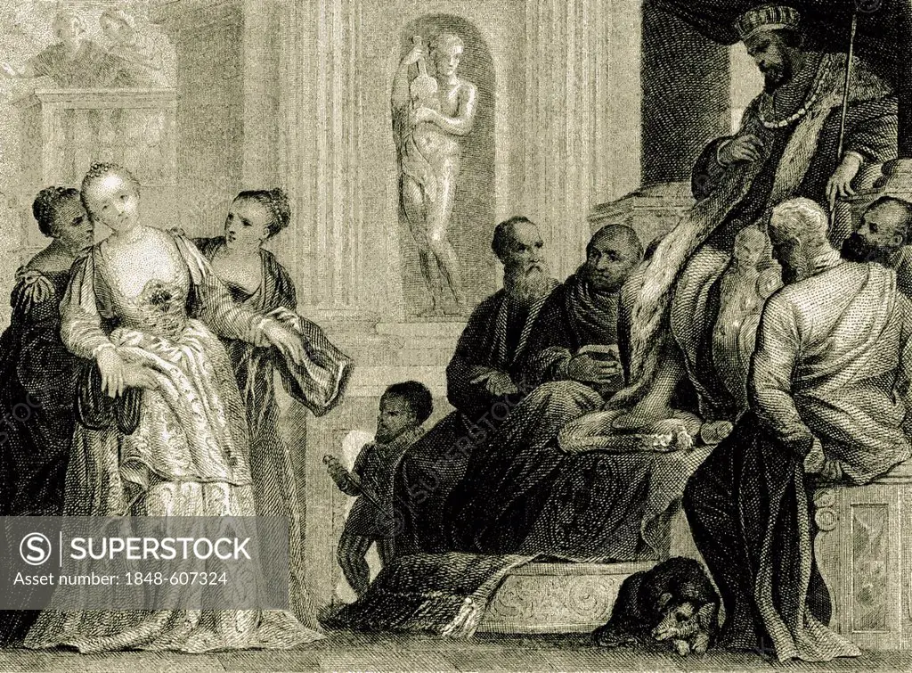 Esther's fainting, biblical scene, historical illustration, 1865