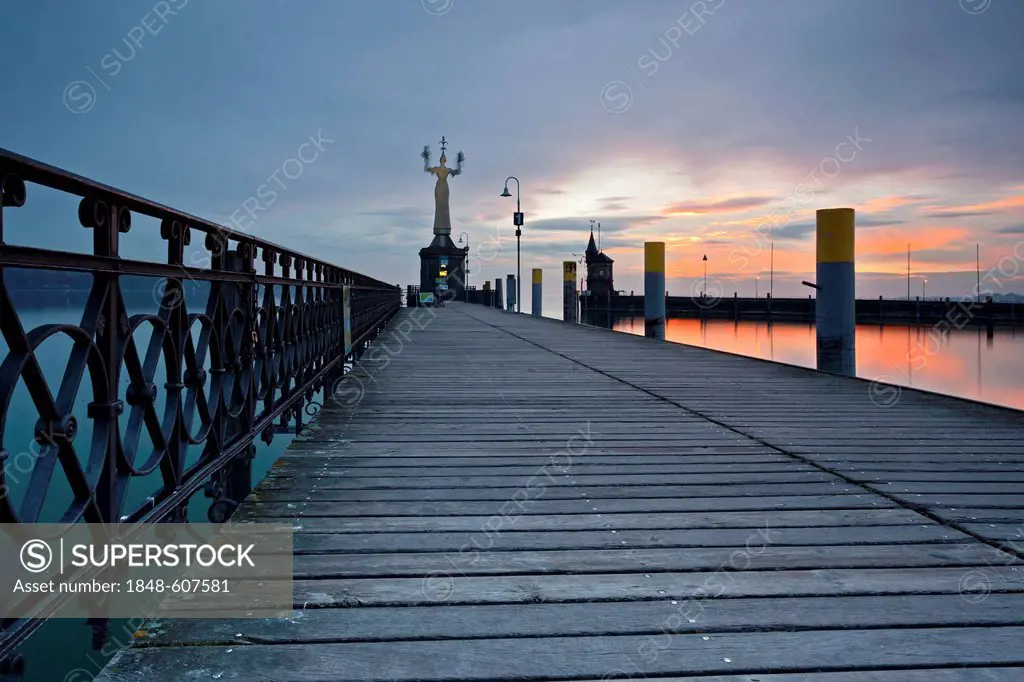 Konstanz harbour with Imperia statue in the early morning, Lake Constance, Baden-Wuerttemberg, Germany, Europe