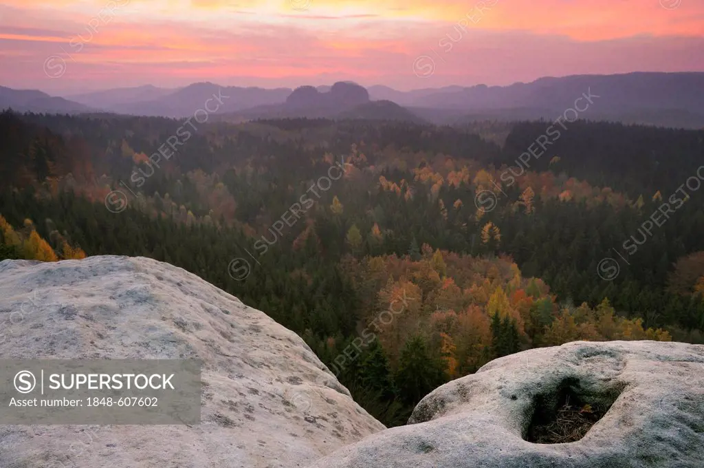View of Saxon Switzerland at sunrise as seen from a cowshed, Saxony, Germany, Europe