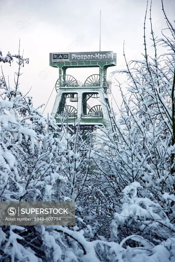 Snow-covered Prosper Haniel Coal Mine, Bottrop, North Rhine-Westphalia, Germany, Europe