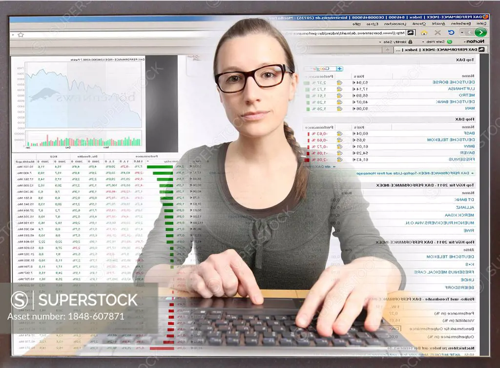 Young woman sitting at a computer surfing the Internet, viewing a page with stock market information, view from within the computer, symbolic image