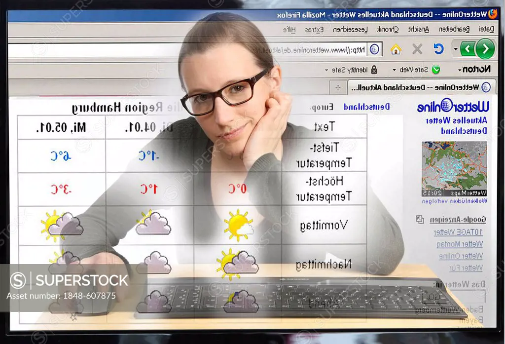 Young woman sitting at a computer surfing the Internet, viewing a page with the weather forecast, Wetter-online.de, view from within the computer, sym...