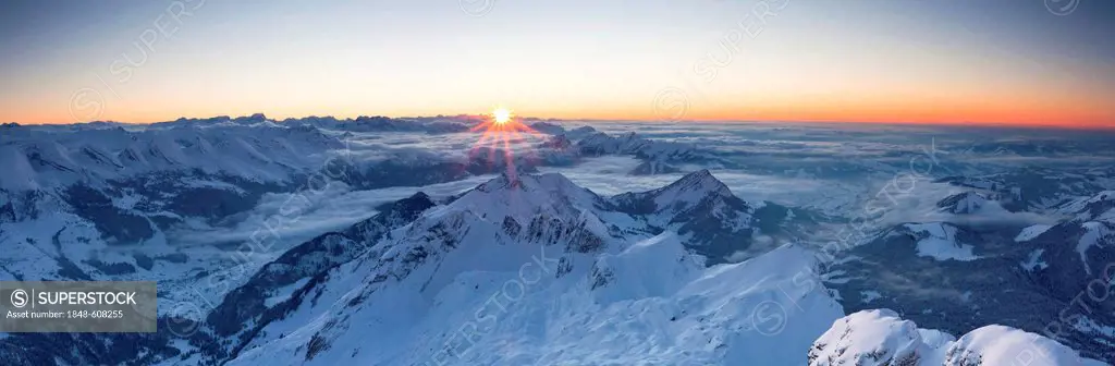 Saentis mountain in the evening light in winter, Appenzell region, Swiss Alps, Switzerland, Europe