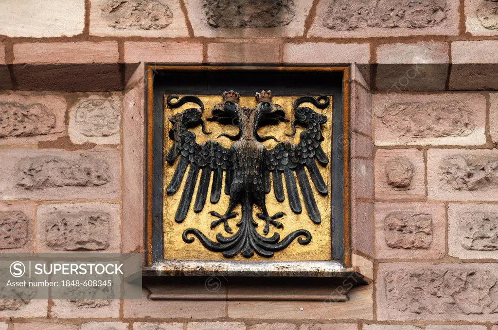 Double-headed eagle coat of arms above the entrance gate of the Handwerkerhof, Nuremberg, Middle Franconia, Bavaria, Germany, Europe