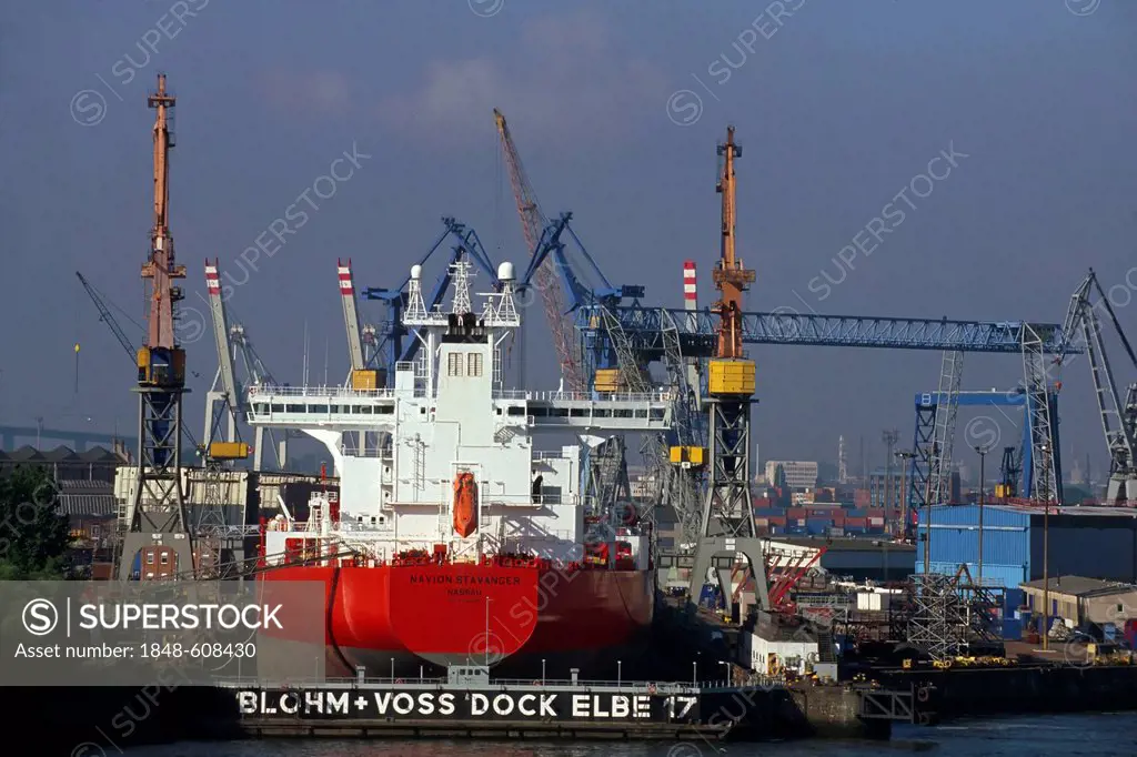Blohm and Voss shipyard, docks in the port of Hamburg, Germany, Europe