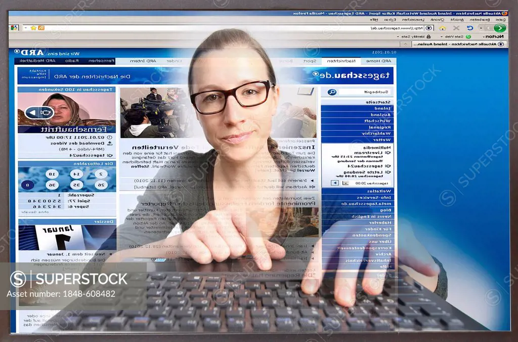 Young woman sitting at a computer surfing the Internet, viewing a page of the ARD Tagesschau, German news of the day, view from within the computer, s...