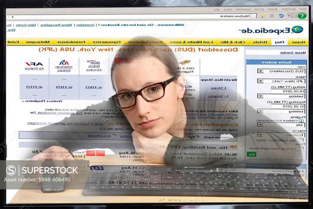 Young woman sitting at a computer surfing the Internet, booking a holiday on a travel portal, Expedia, view from within the computer, symbolic image