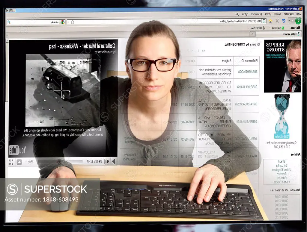 Young woman sitting at a computer surfing the Internet, viewing a page on the WikiLeaks site, view from within the computer, symbolic image