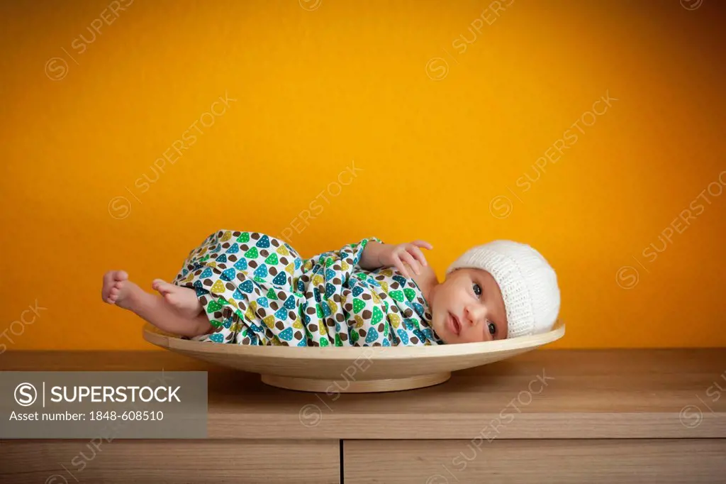 Newborn baby, two weeks, in a bowl