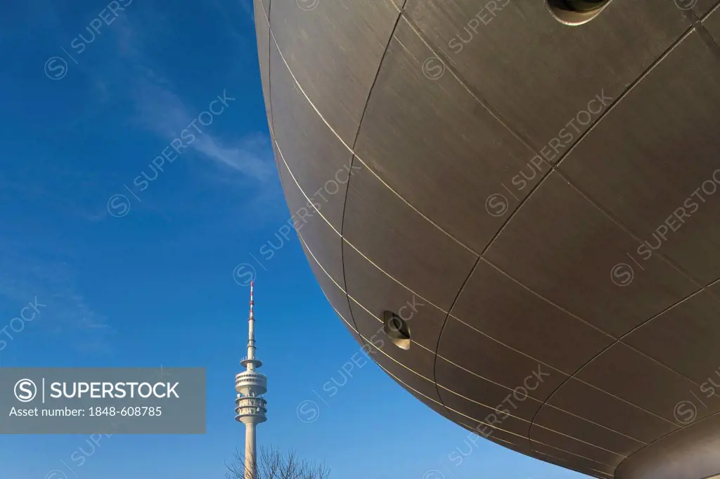 BMW-Museum, Karl Schwarzer, 1972, and Olympiaturm television tower in the Olympia park, Milbertshofen-Am Hart district, Munich, Bavaria, Germany, Euro...