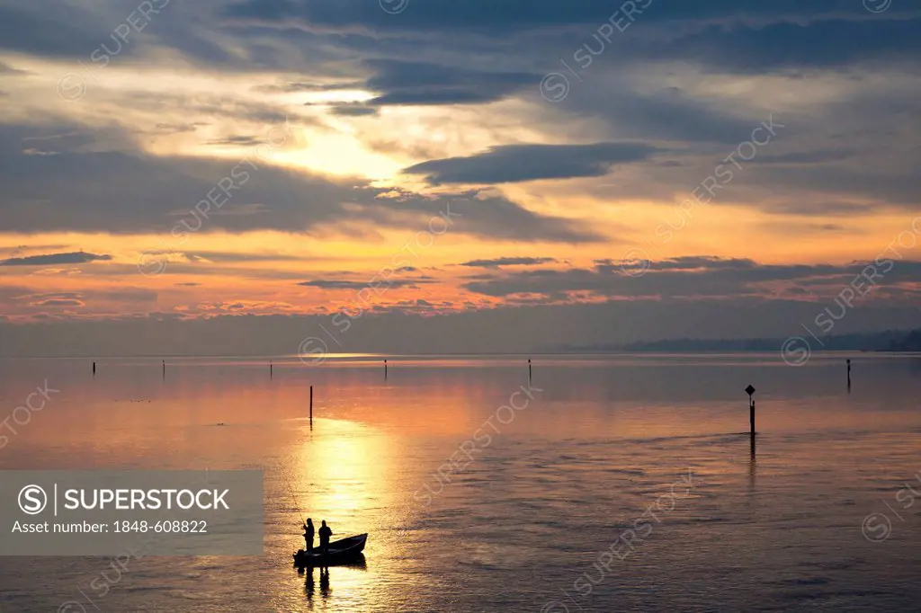 Early morning on Lake Constance near Konstanz, fishing boat, Baden-Wuerttemberg, Germany, Europe
