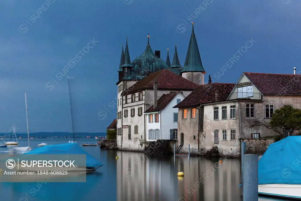Turmhof builing in Steckborn just after sunset on Lake Constance, Switzerland, Europe
