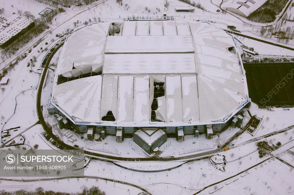 Aerial view, Veltins-Arena football stadium, also known as Schalke Arena stadium, snow-damaged roof, Gelsenkirchen, Ruhr area, North Rhine-Westphalia,...