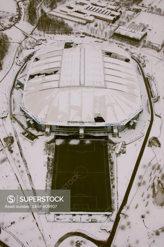 Aerial view, Veltins-Arena football stadium, also known as Schalke Arena stadium, snow-damaged roof, Gelsenkirchen, Ruhr area, North Rhine-Westphalia,...