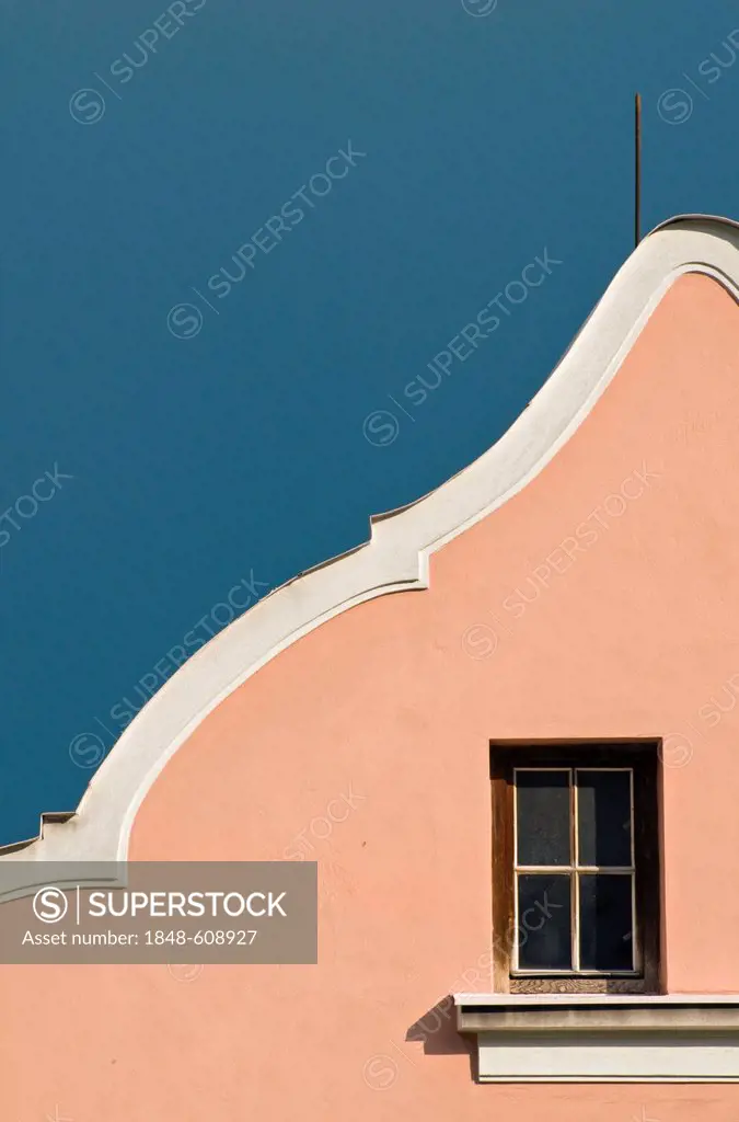 Detail of curved baroque house gable in Stramberk, Moravian-Silesian Region, Czech Republic, Europe